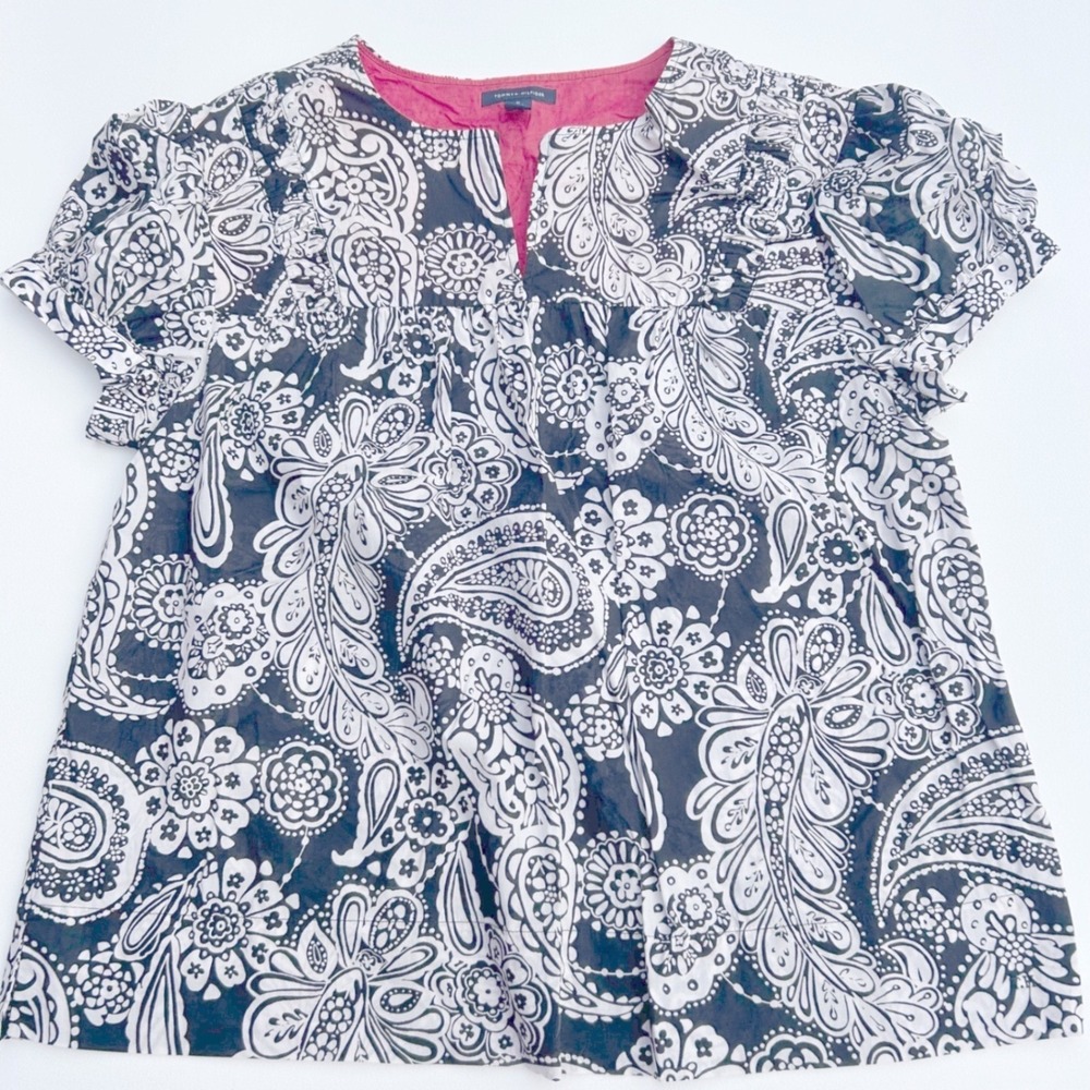 Tommy Hilfiger Womens Paisley Blouse Top XL Black White Ruffle Boho Classic